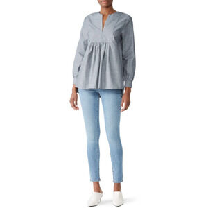 CO XS Front Bib Peasant Shirt Blouse Blue Cotton Linen Blend Long Sleeves